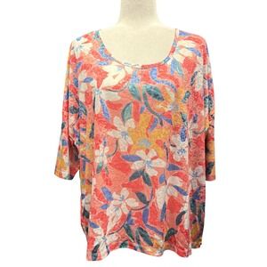 Tribal Jeans Womens Melon Paint Floral Knit Top Oversized Pink Orange Small